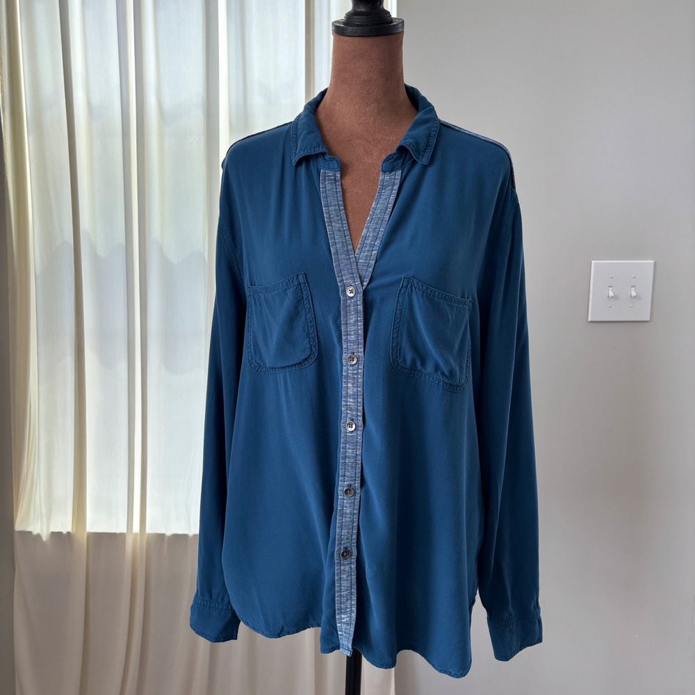 Rock & Republic Blue Button Up Metallic Shimmer Trim Roll Tab Sleeve Western L